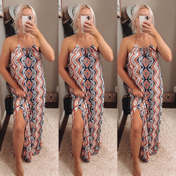 Soprano Dresses & Skirts - Soprano Bohemian style blue, white, and orange floral halter Maxi dress Medium